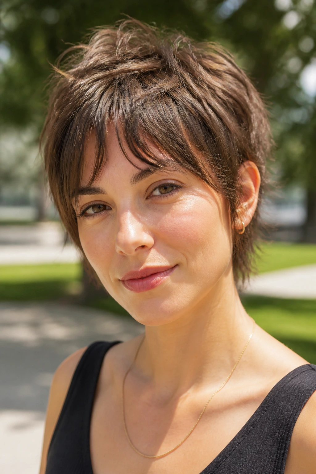 Close-up of a real woman with bottleneck fringe and tousled crop in sunlit park