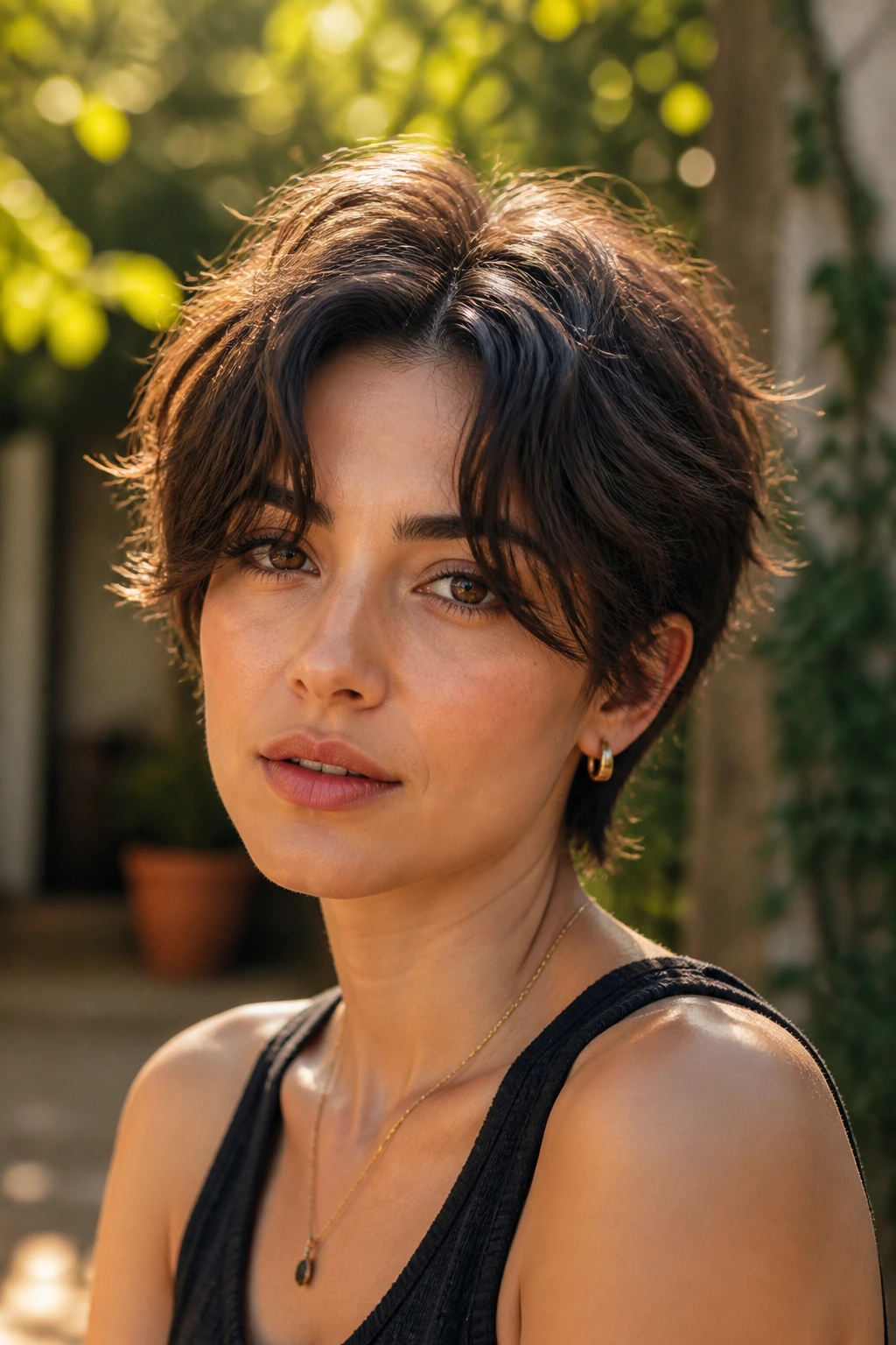 Close-up of a real woman with a tousled crop and curtain fringe in golden hour light
