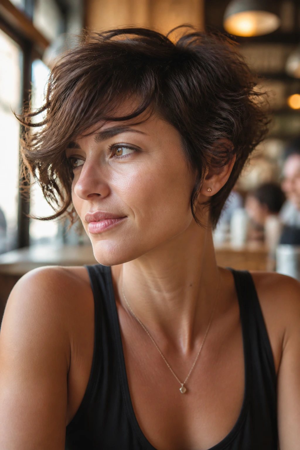 Close-up of a real woman with a tousled crop and side-swept fringe on thick wavy hair