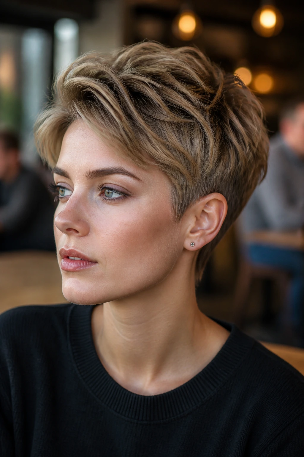 Close-up of a real person with a tousled graduated crop hairstyle