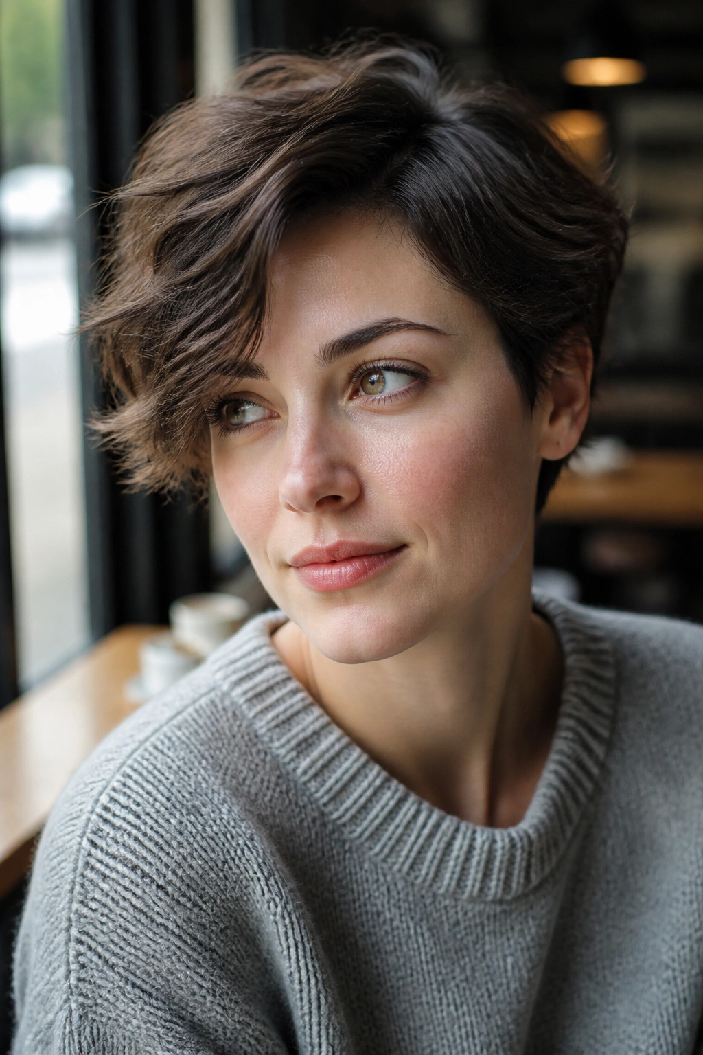 Close-up of a real person with a tousled crop and loose side part in a cafe setting.