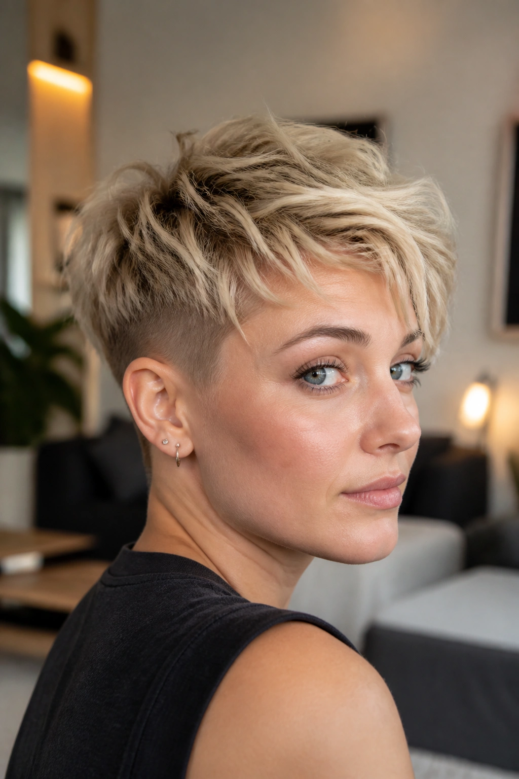 Real person with a tousled crop and visible undercut in blonde