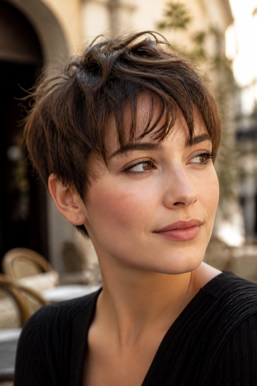 Portrait of a real woman with a tousled crop and wispy fringe in soft daylight