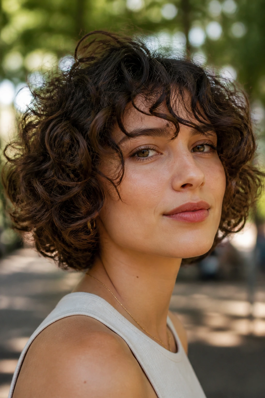 Real woman with tousled curly bob and subtle layers in park sunlight.