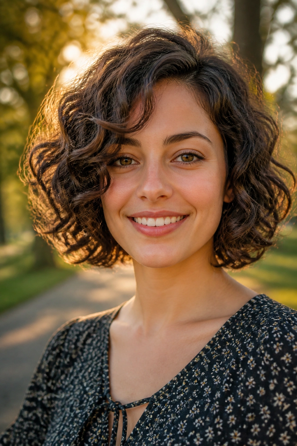 Close-up portrait of a real woman with a tousled curly bob in golden hour light.
