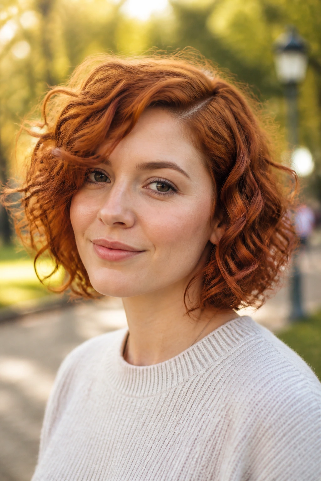 Portrait of a real woman with a tousled curly bob and side part in copper red.