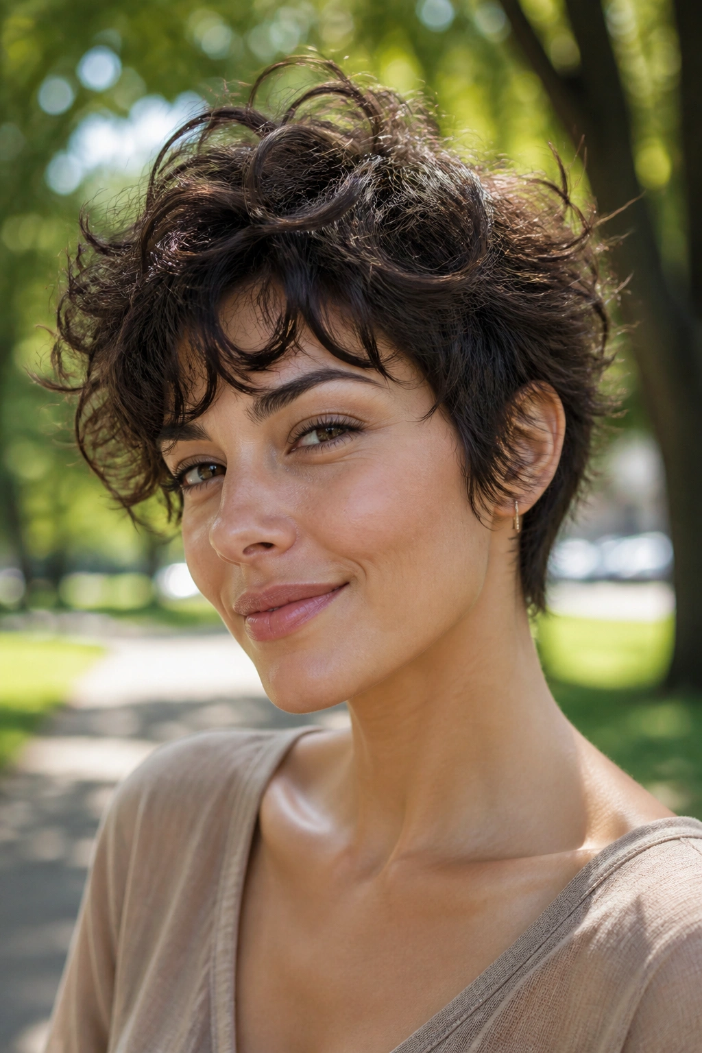 Close-up of real woman with tousled curly pixie and feathered sides