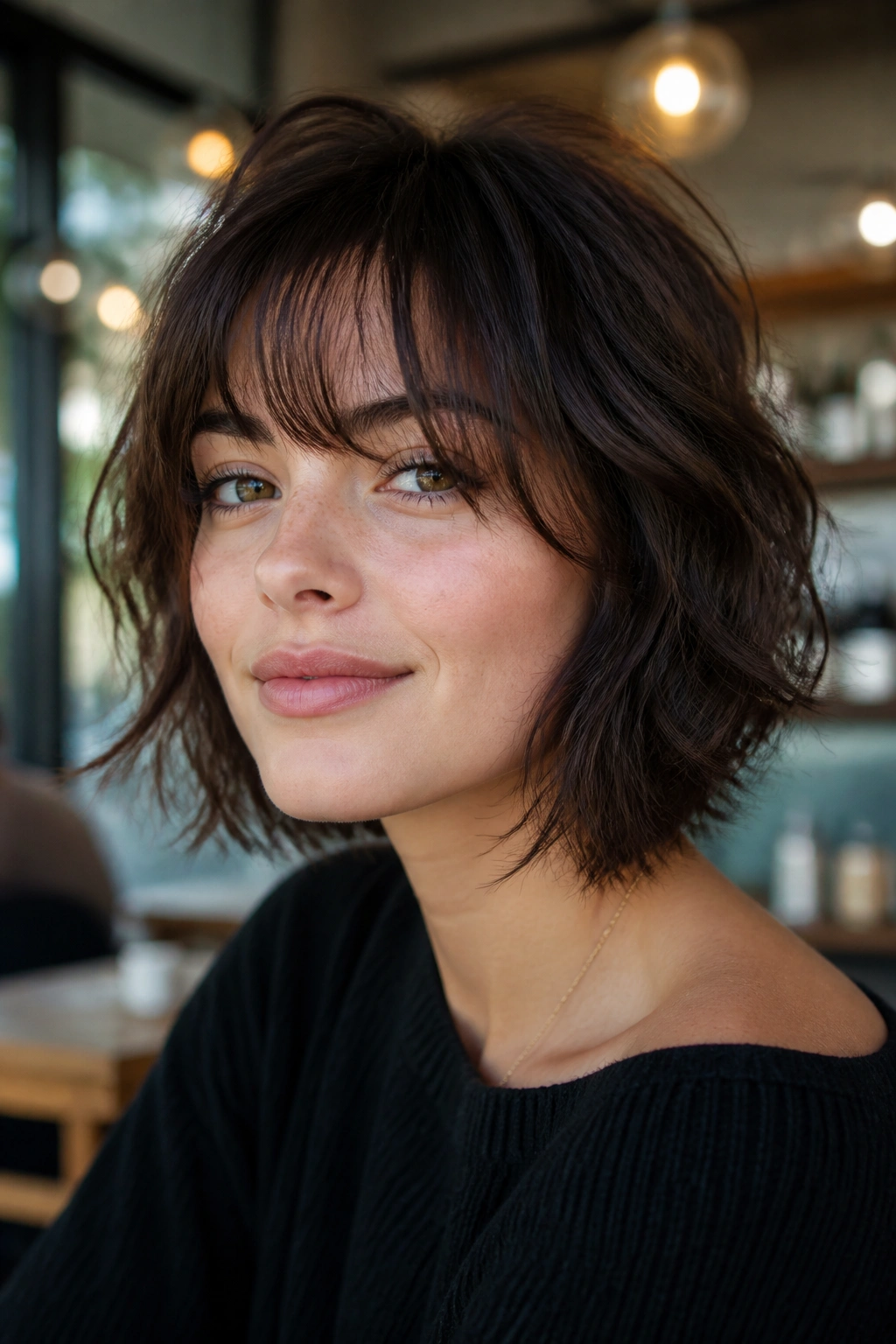 Close-up of a real woman with a tousled French bob and airy fringe in natural light