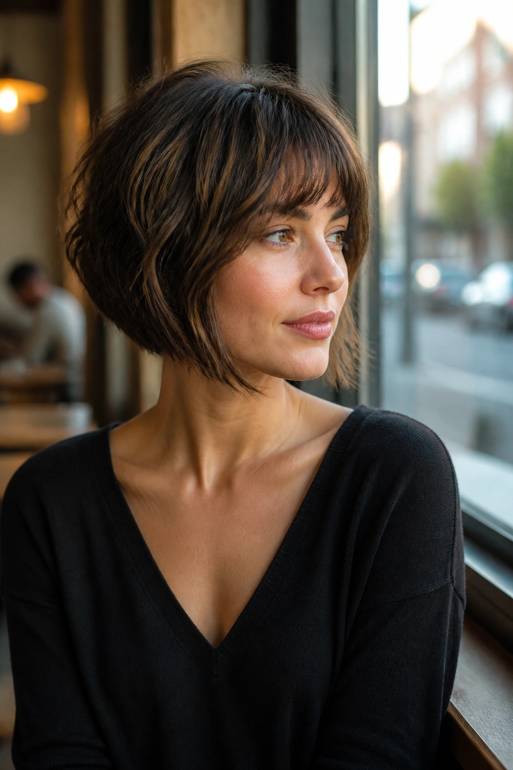 Portrait of a real woman with a tousled French bob and slight angle.