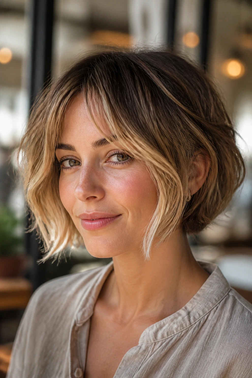 Close-up of a real woman with a tousled French bob and face-framing blonde pieces