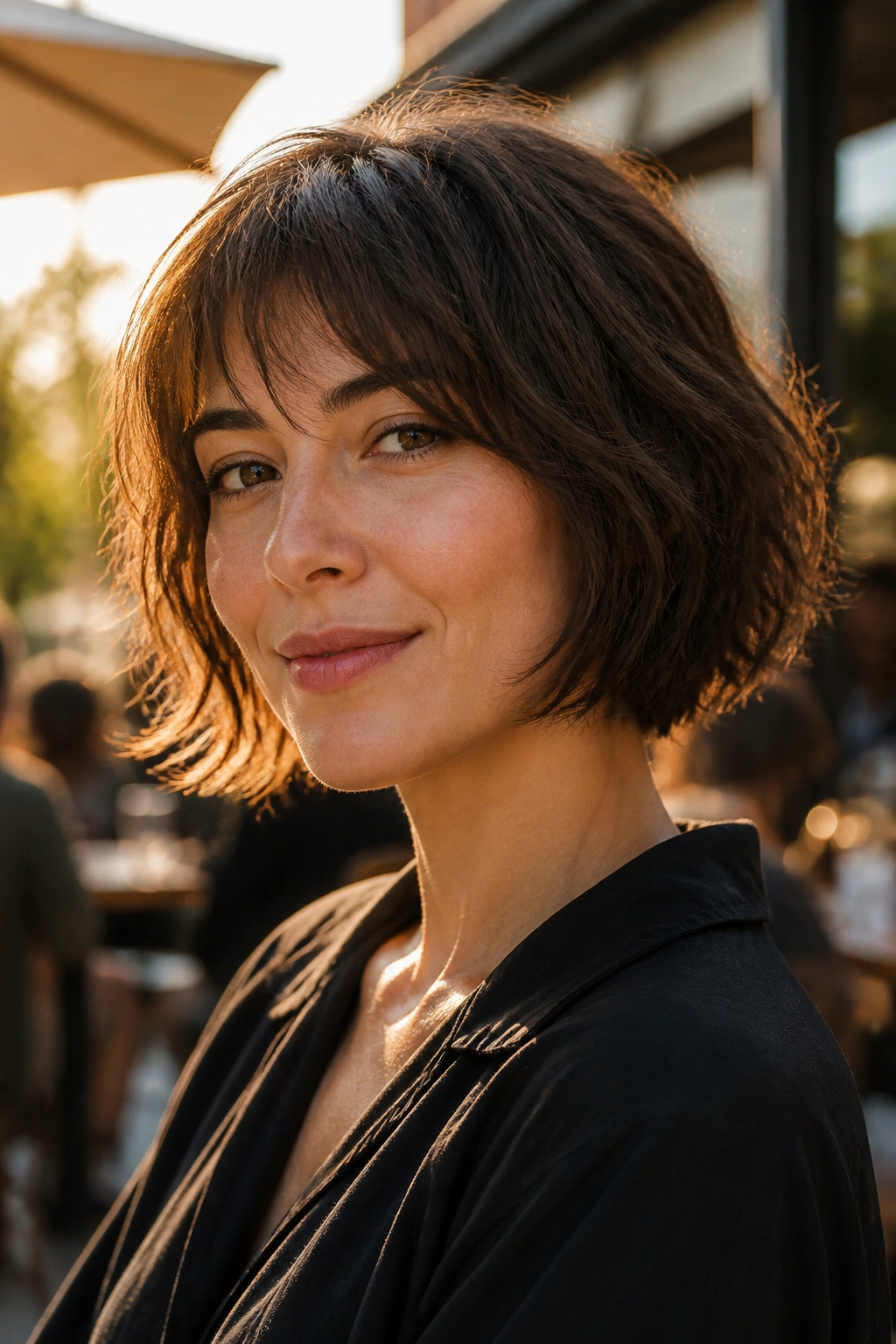 Close-up of a real woman with a tousled French bob in golden hour outdoor light