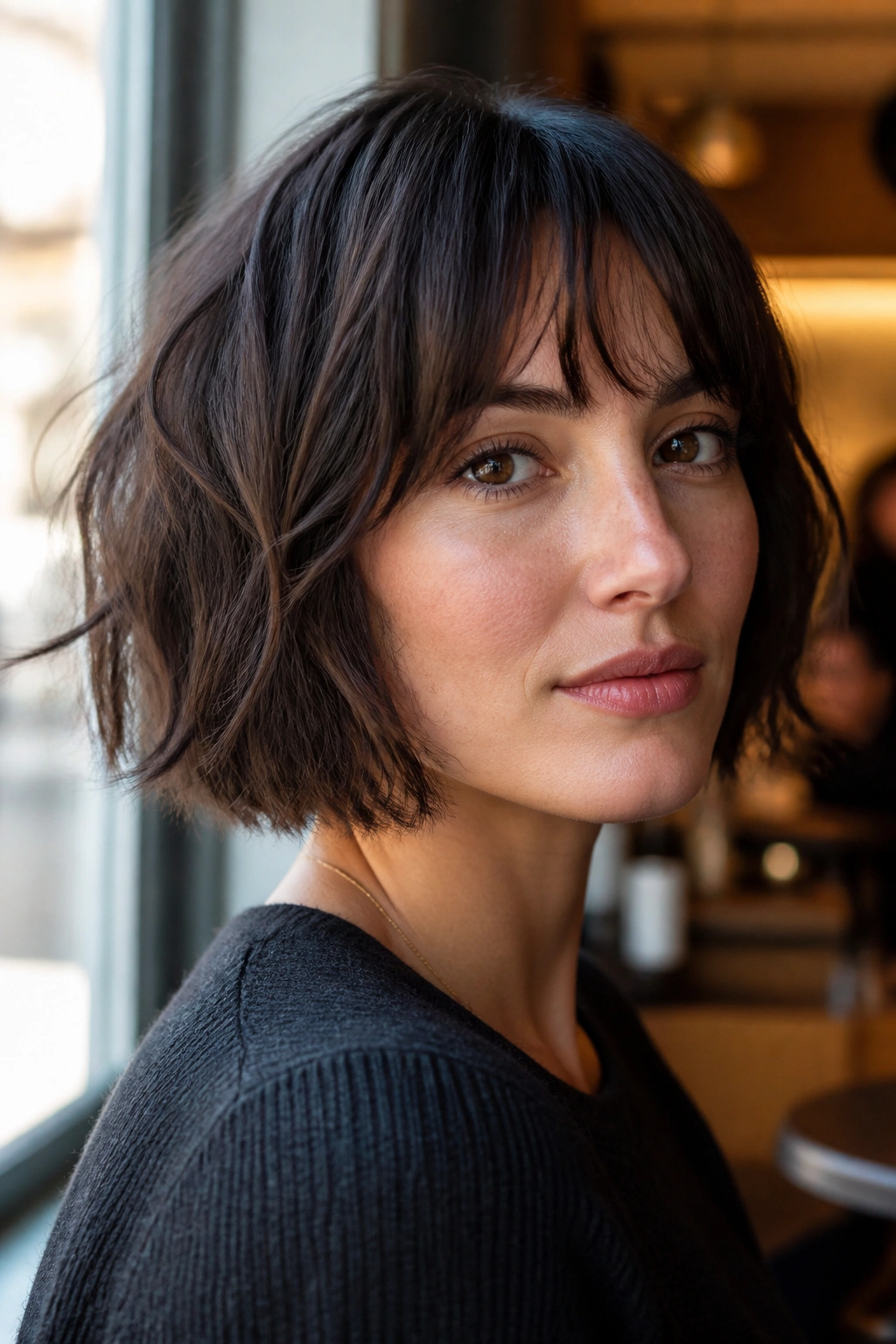 Close-up portrait of a real woman with a jaw-length tousled French bob in natural light