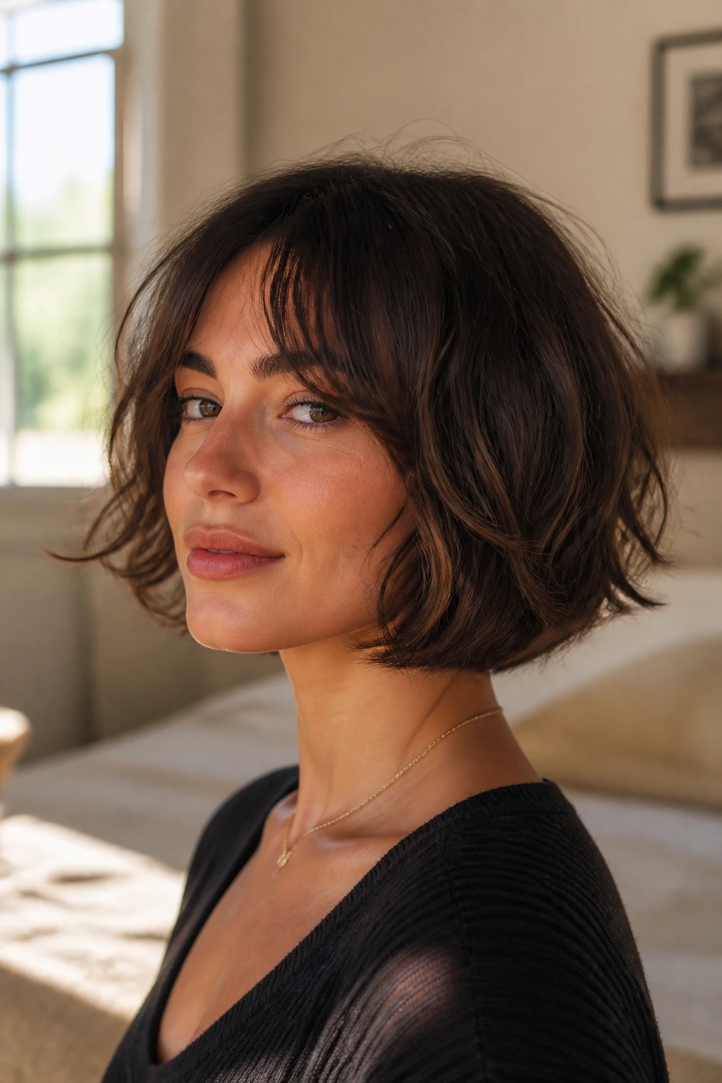 Close-up portrait of a real woman with a cheekbone-length Tousled French Bob in warm window light