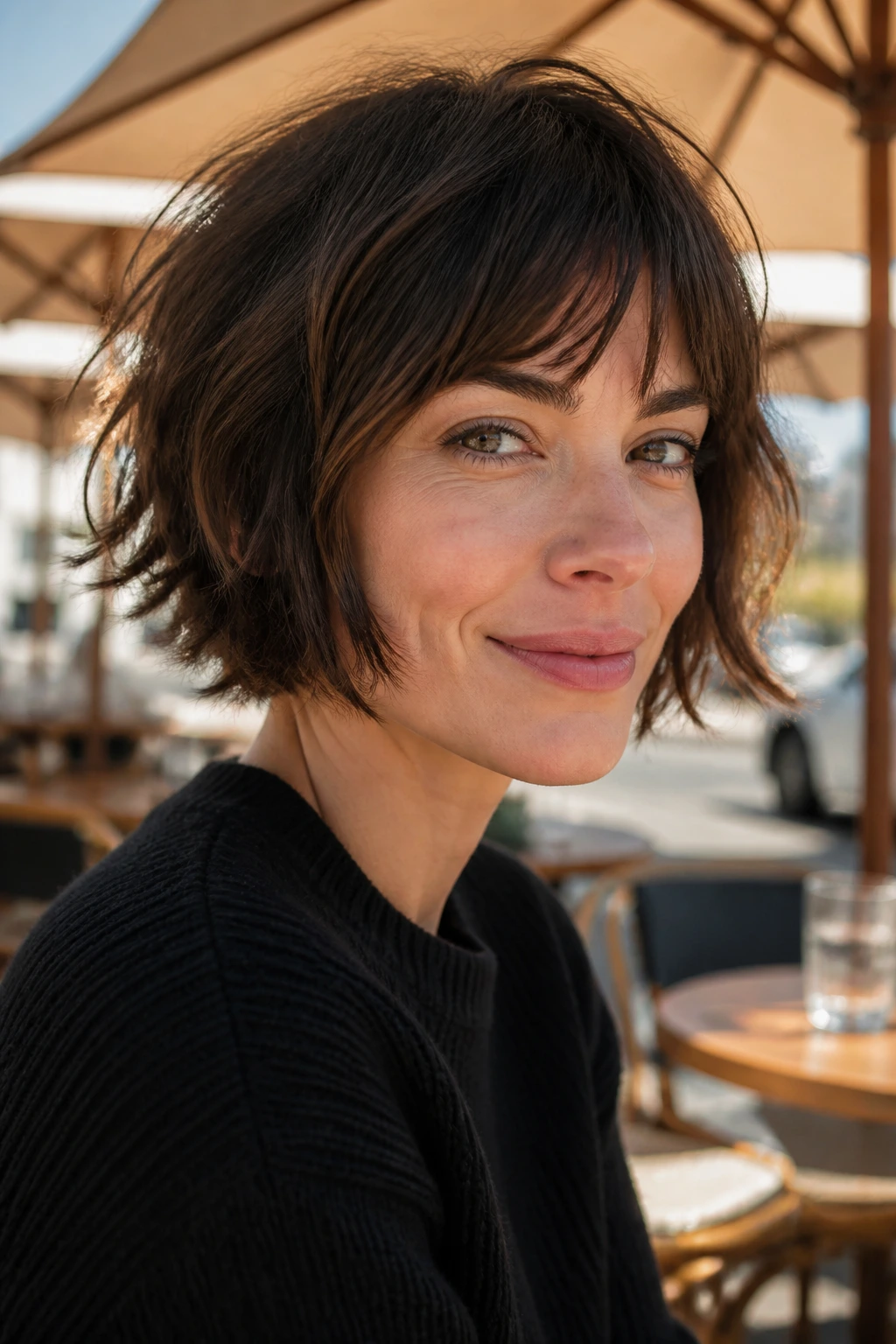 Close-up portrait of a real woman with tousled French bob and broken texture