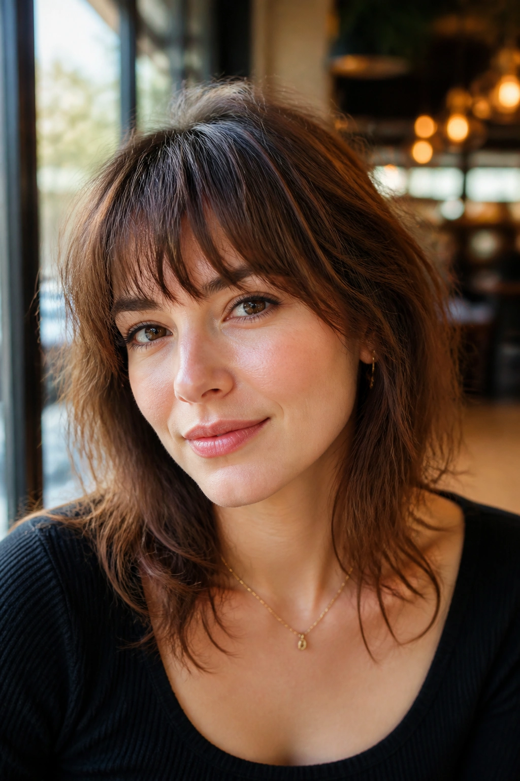 Close-up portrait of a real woman with tousled French fringe at brow level