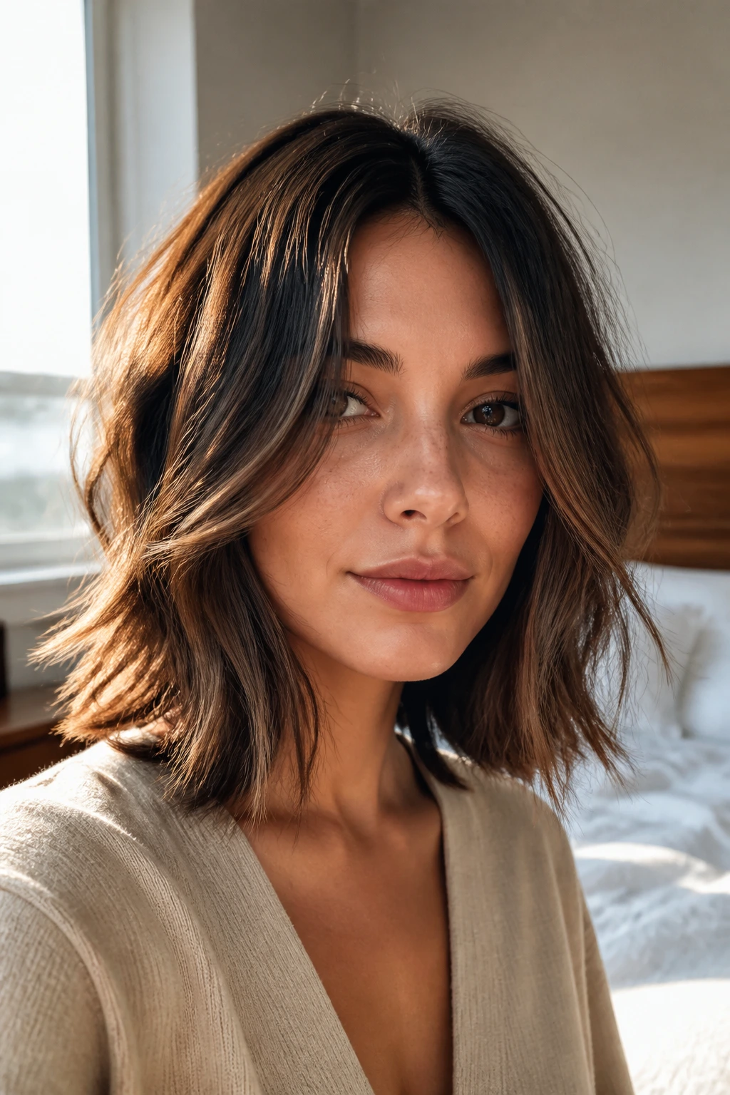 Portrait of a real woman with tousled French lob in window light