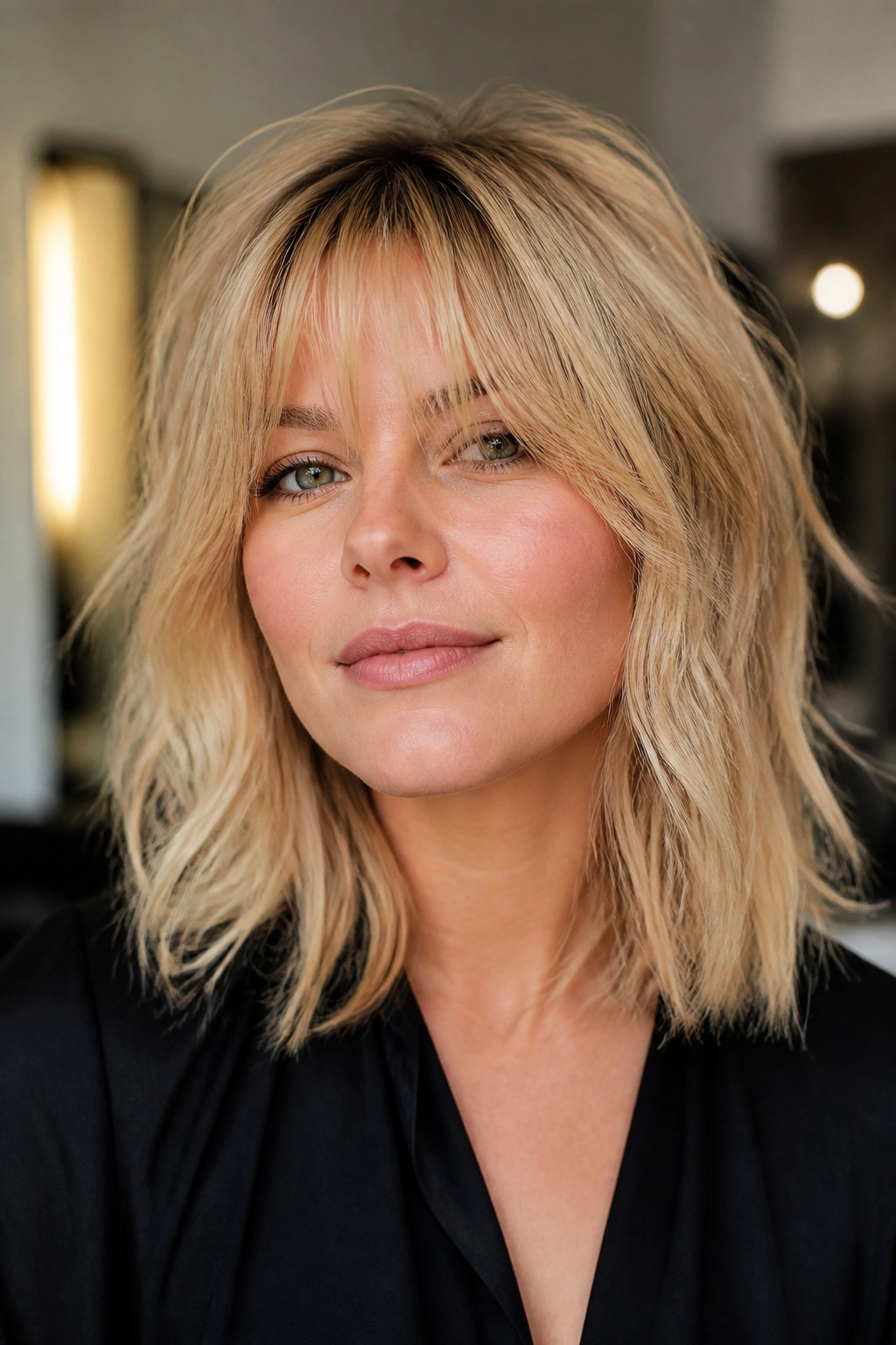 Close-up of a real woman with a tousled shoulder-length cut and wispy fringe in soft salon lighting