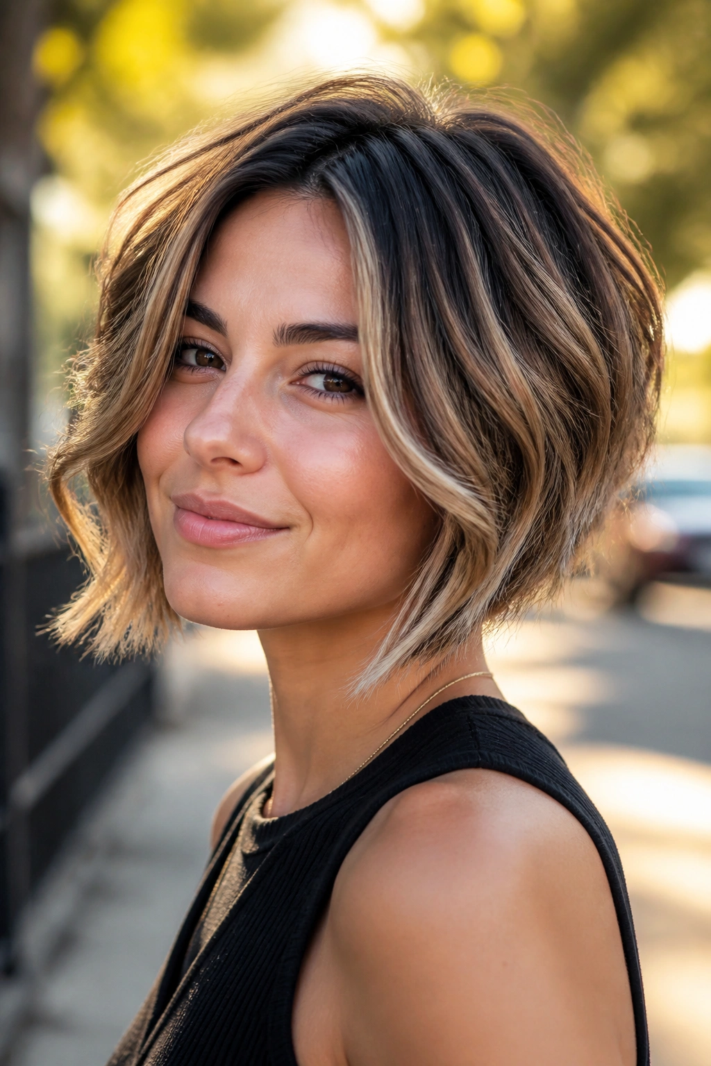 Portrait of a real woman with tousled inverted bob and balayage highlights.
