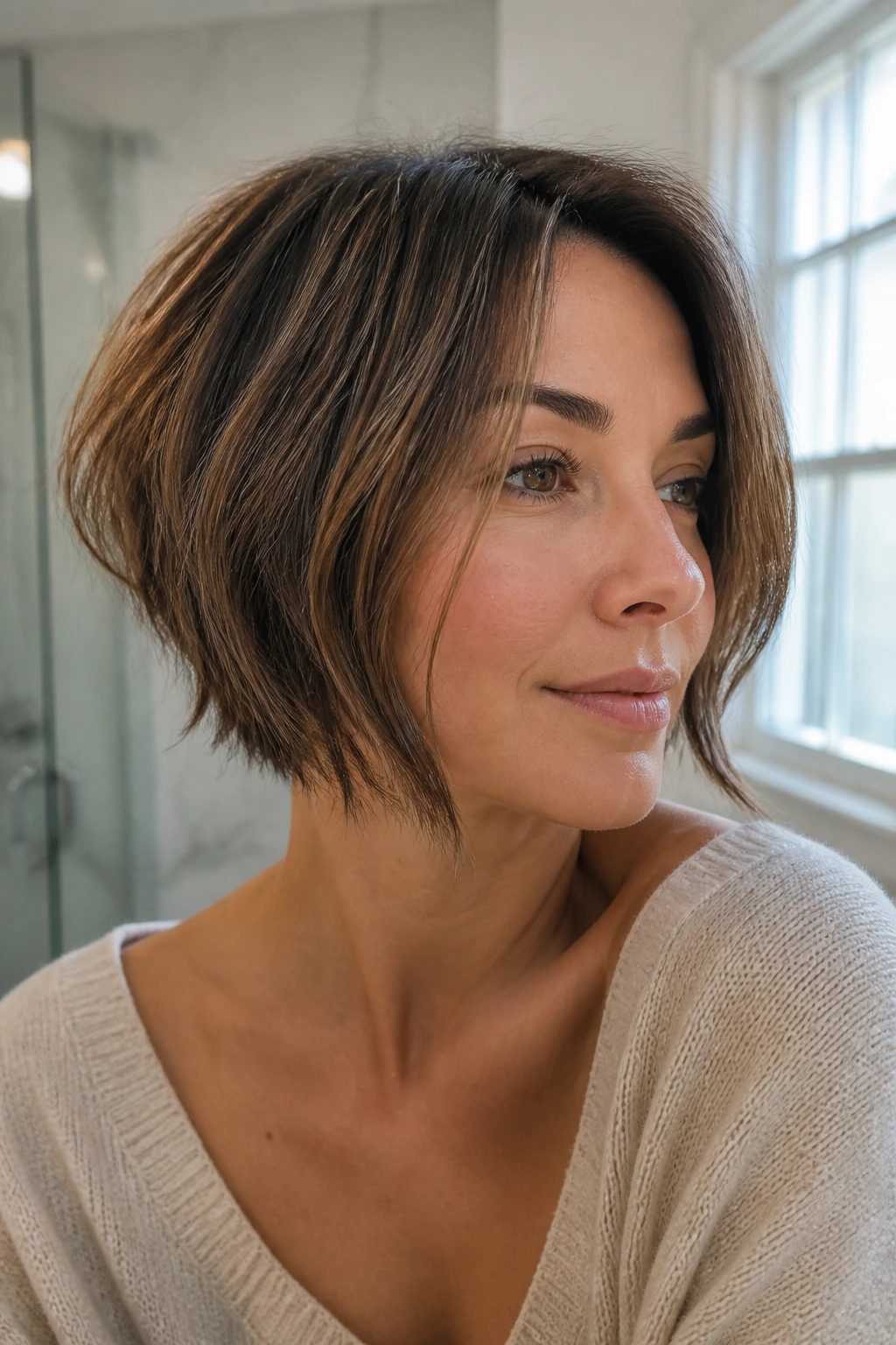 Close-up of a real woman with Tousled Inverted Bob for Fine Hair.
