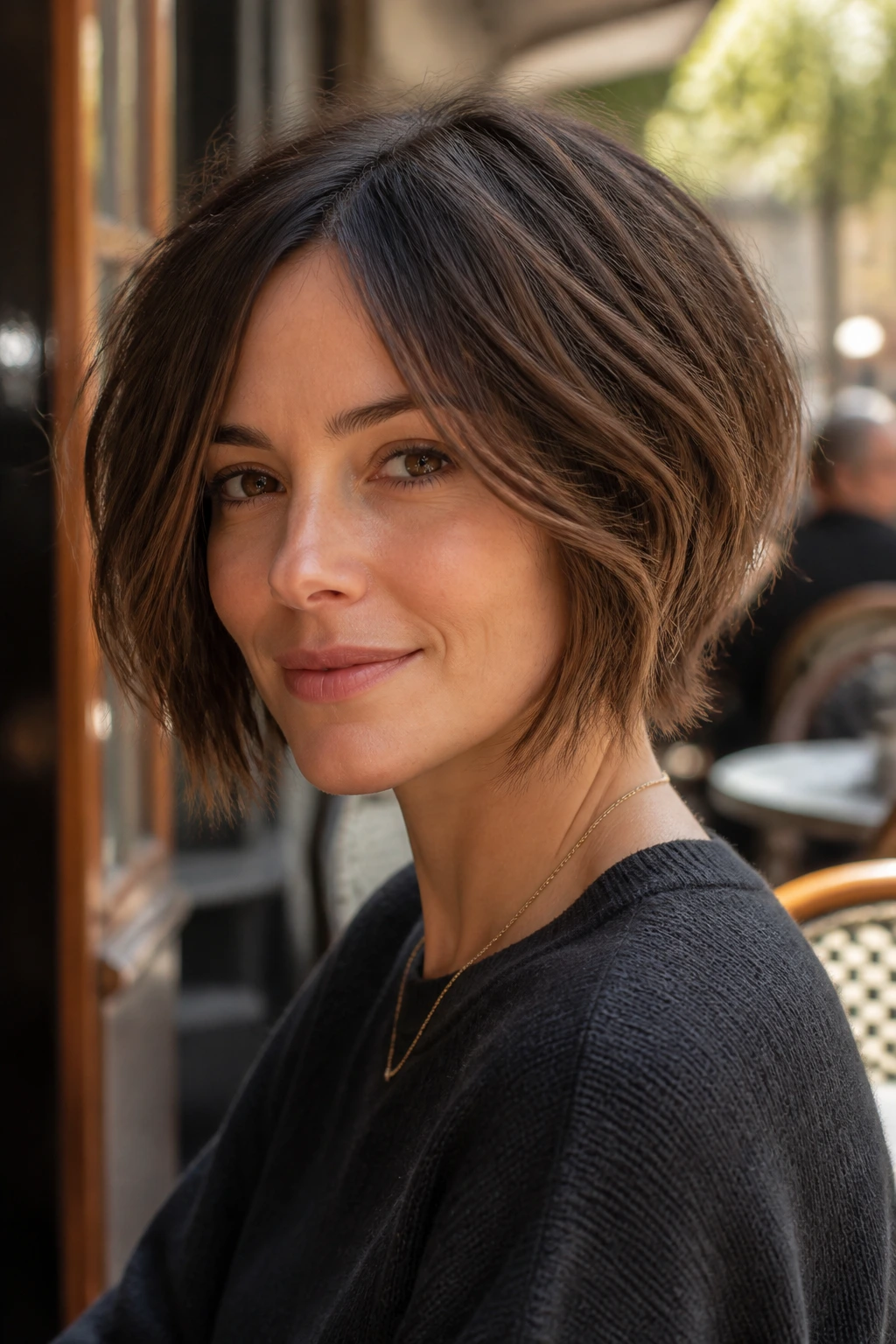 Close-up portrait of a woman with a low-maintenance tousled inverted bob.