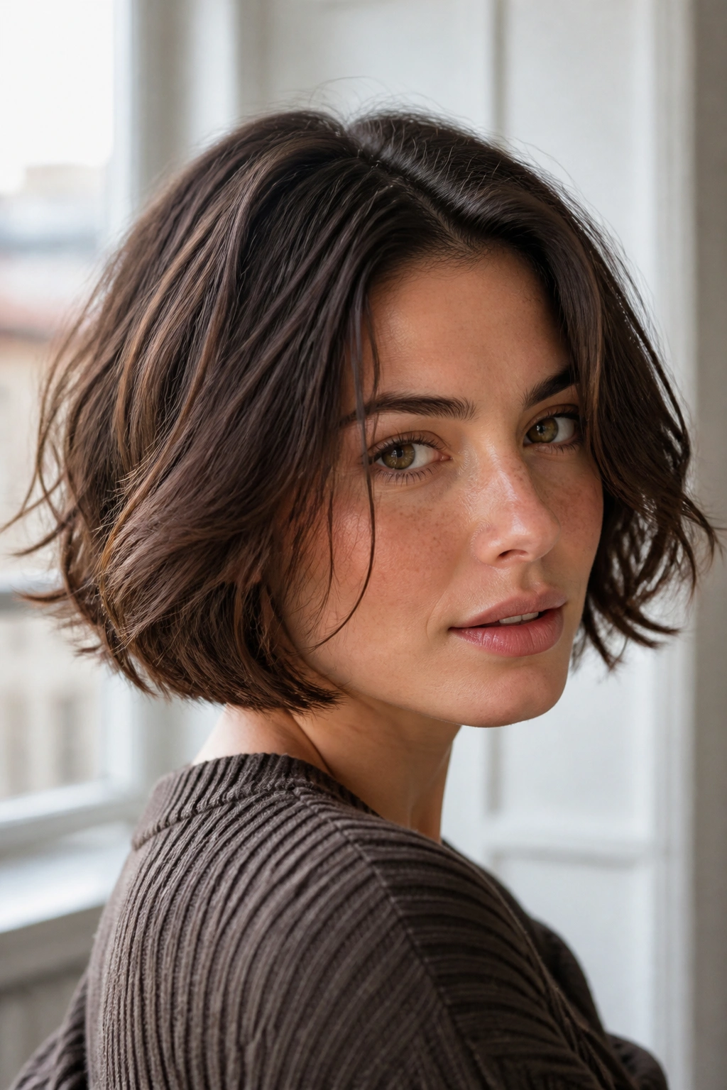 Close-up of a real woman with tousled Italian bob under window light