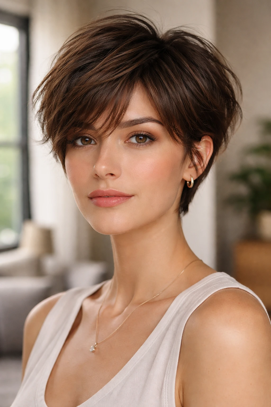 Close-up portrait of a brunette woman with a tousled layered pixie hairstyle in a softly lit room