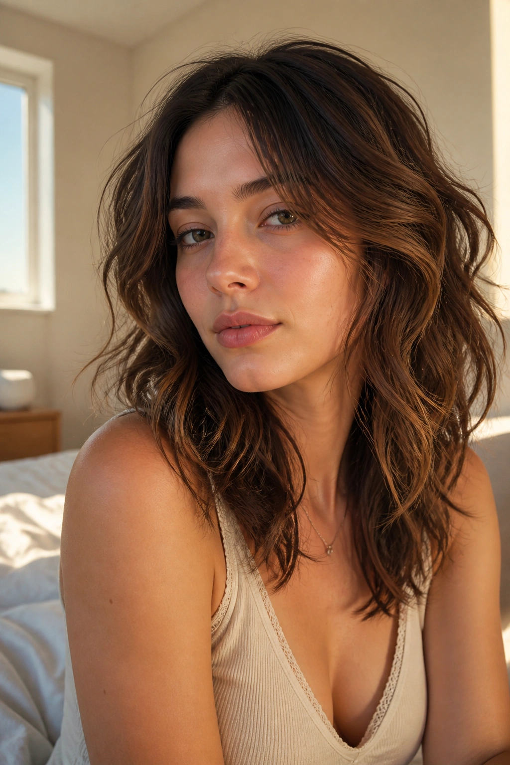 Close-up portrait of a real person with tousled layered waves and natural texture