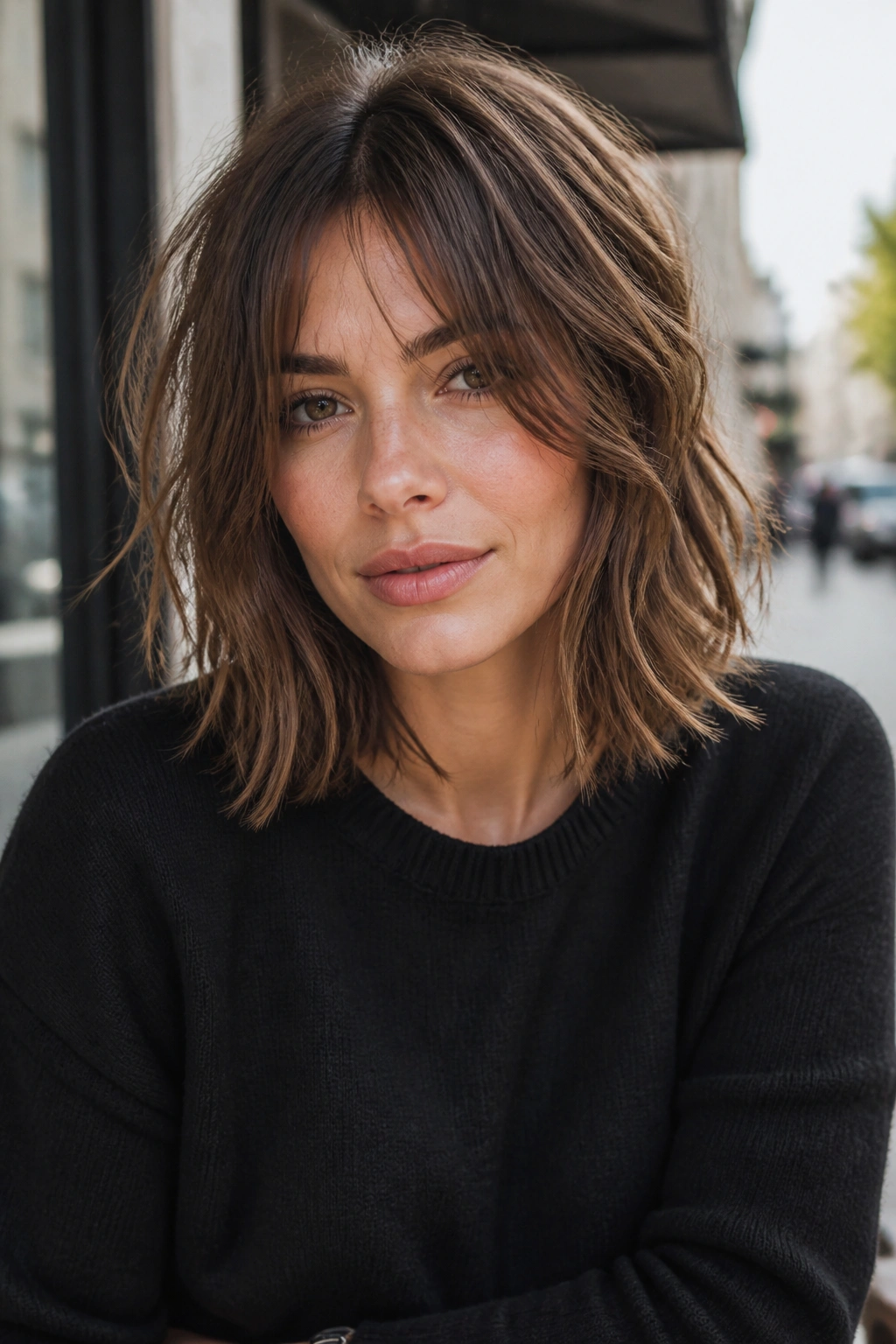 Close-up of a woman with tousled lob and face-framing pieces