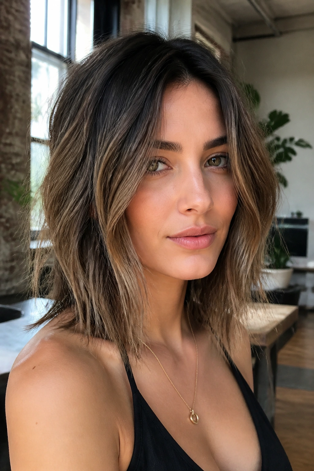 Tousled lob with long face-framing pieces on a real person