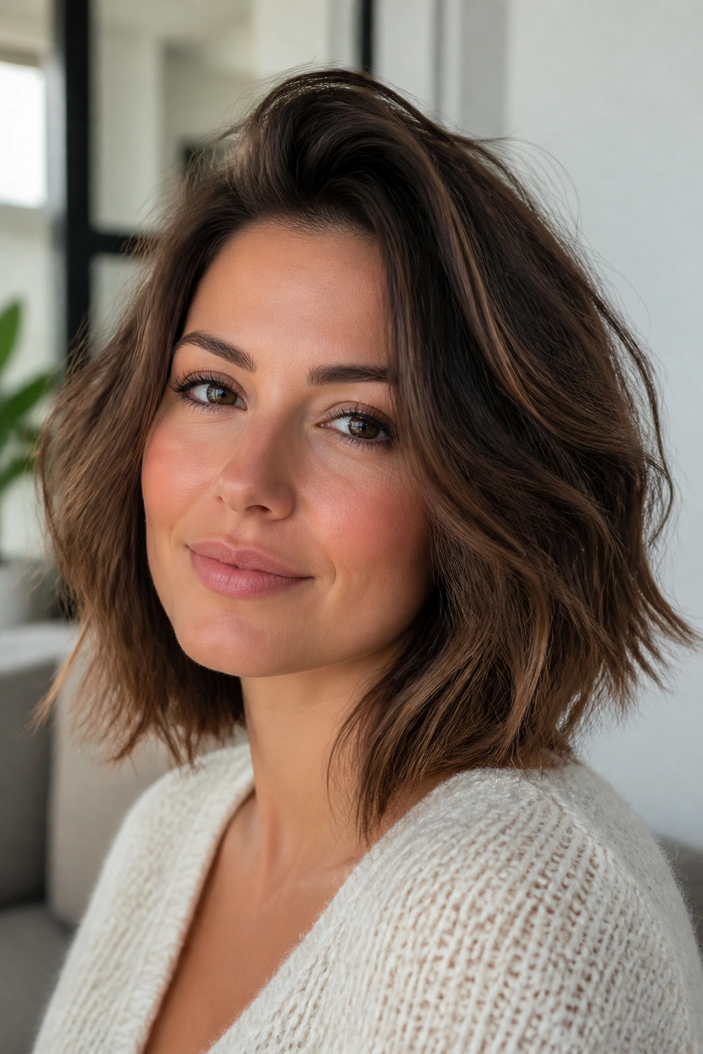 Portrait of a real woman with a tousled lob and crown lift
