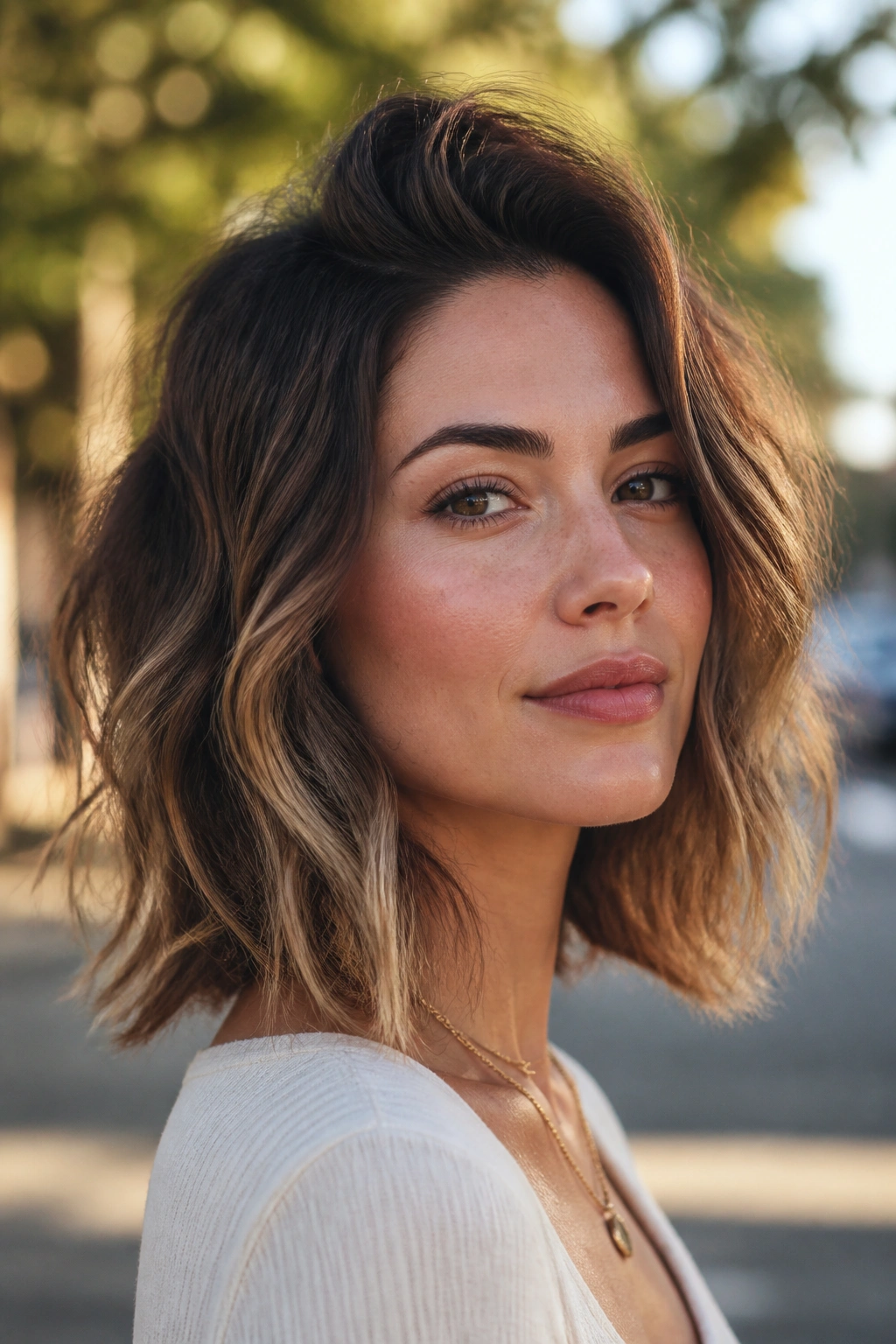 Close-up of a real woman with a tousled lob and undone waves