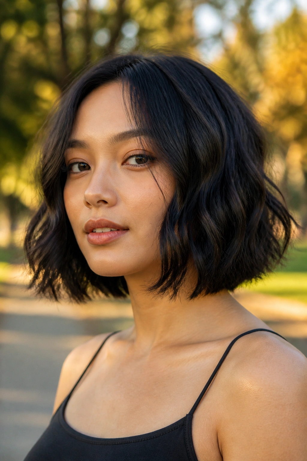 Close-up of a real person with tousled lob and chin-skimming waves