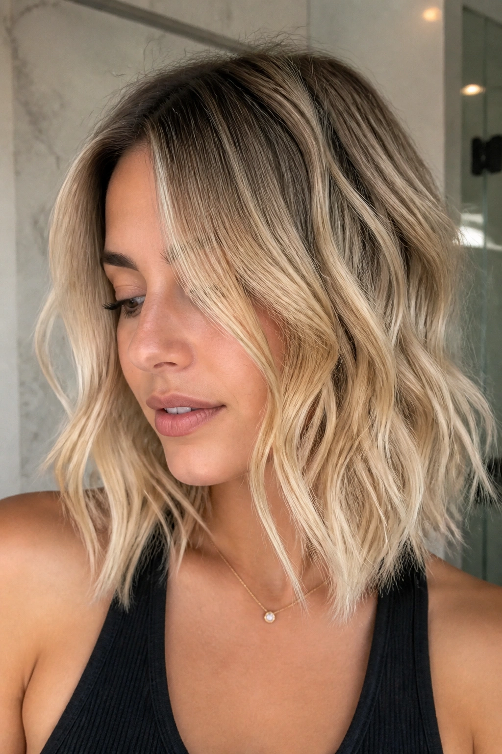 Lob-length hair with shadow root and tousled waves on a real person.