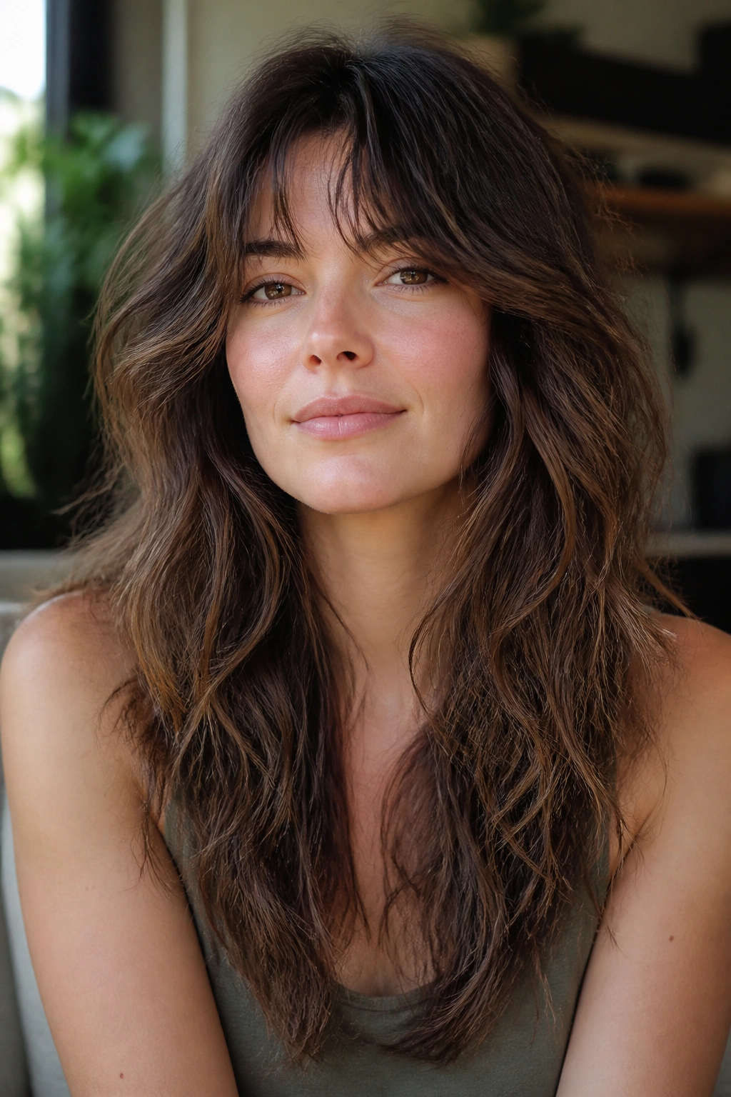 Medium close-up of a real woman with long tousled shag and U-shaped perimeter in natural light