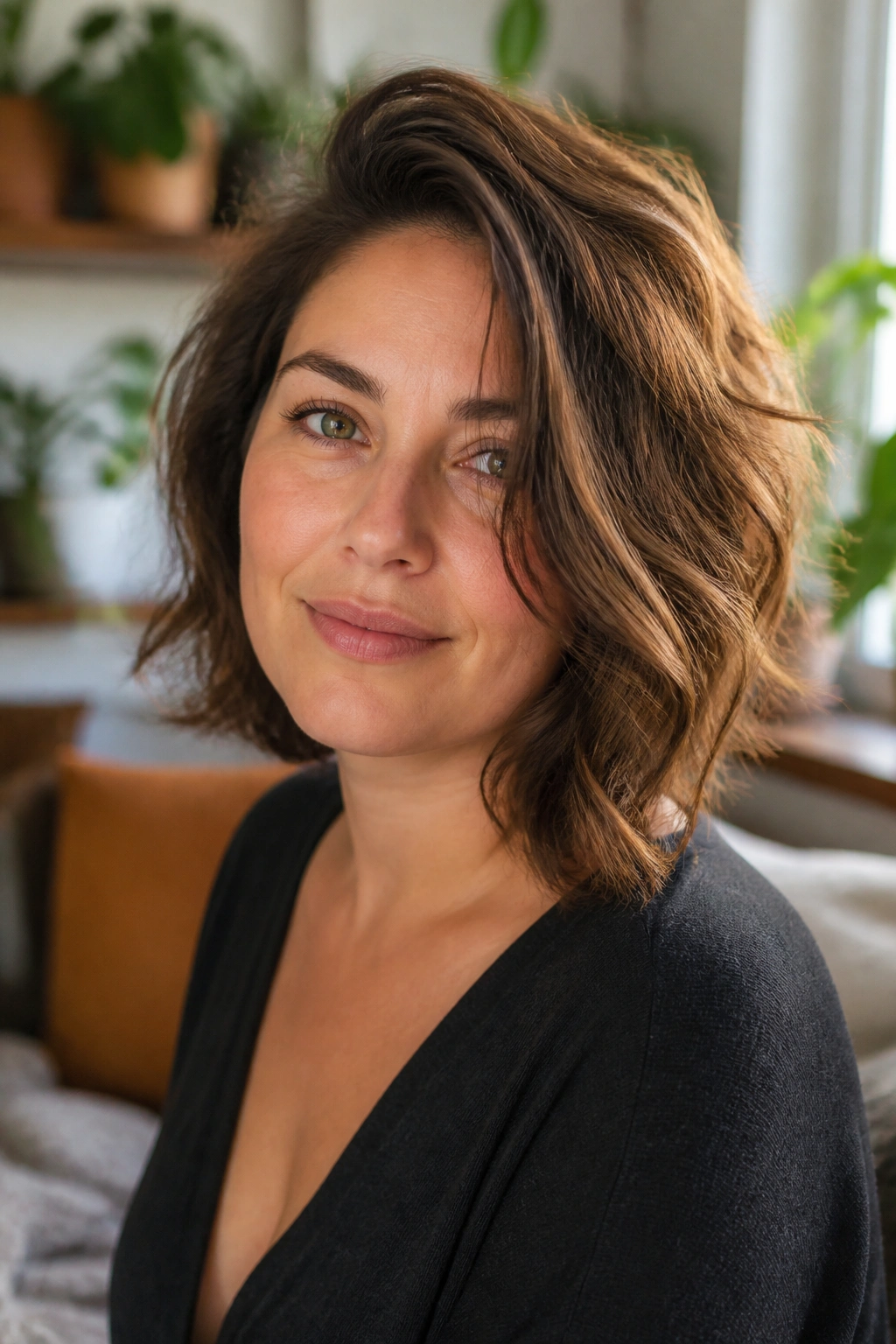 Portrait of a real person with a tousled mid-length cut and one heavier side.