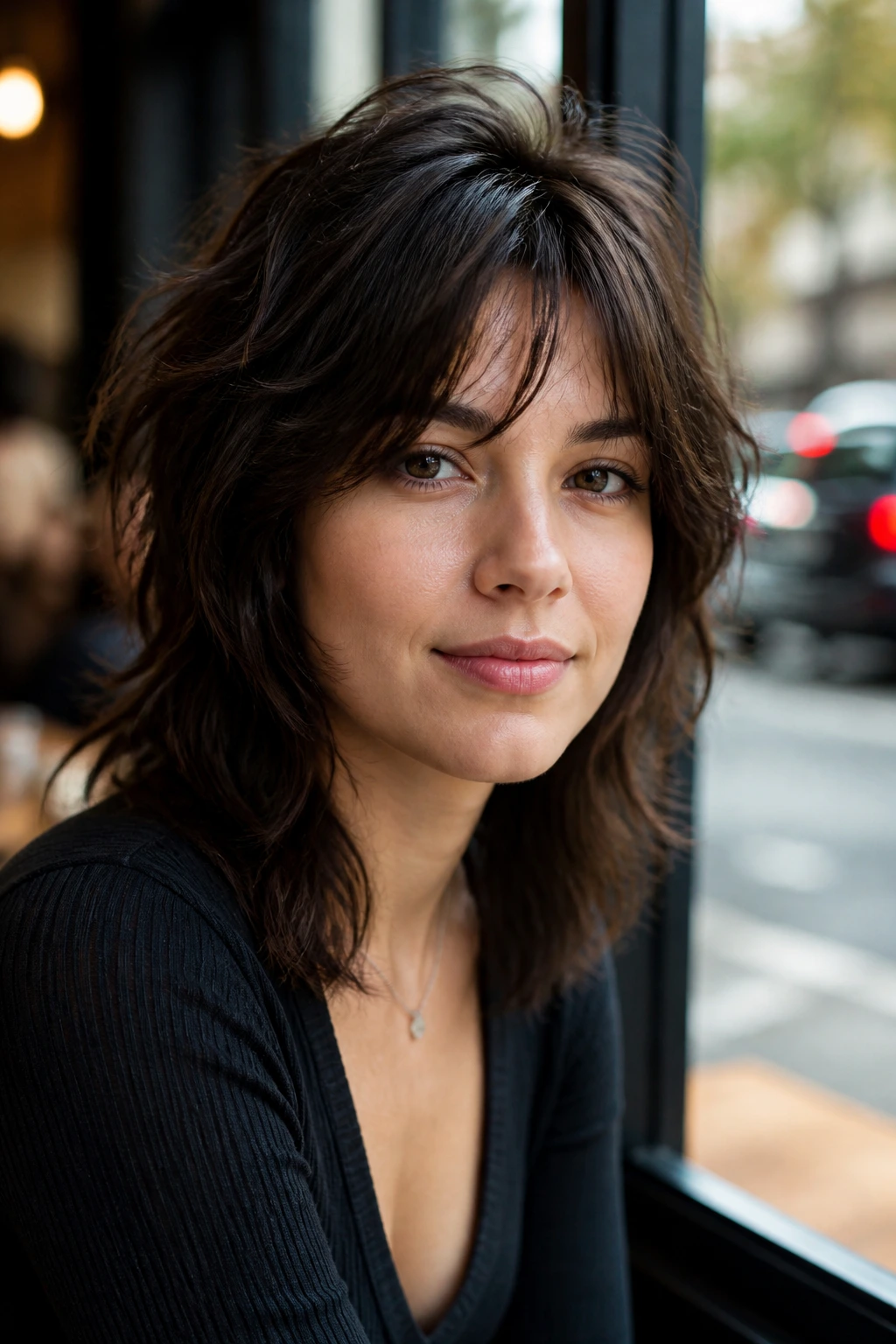 Brunette with tousled mid-length shag showing internal crown volume.