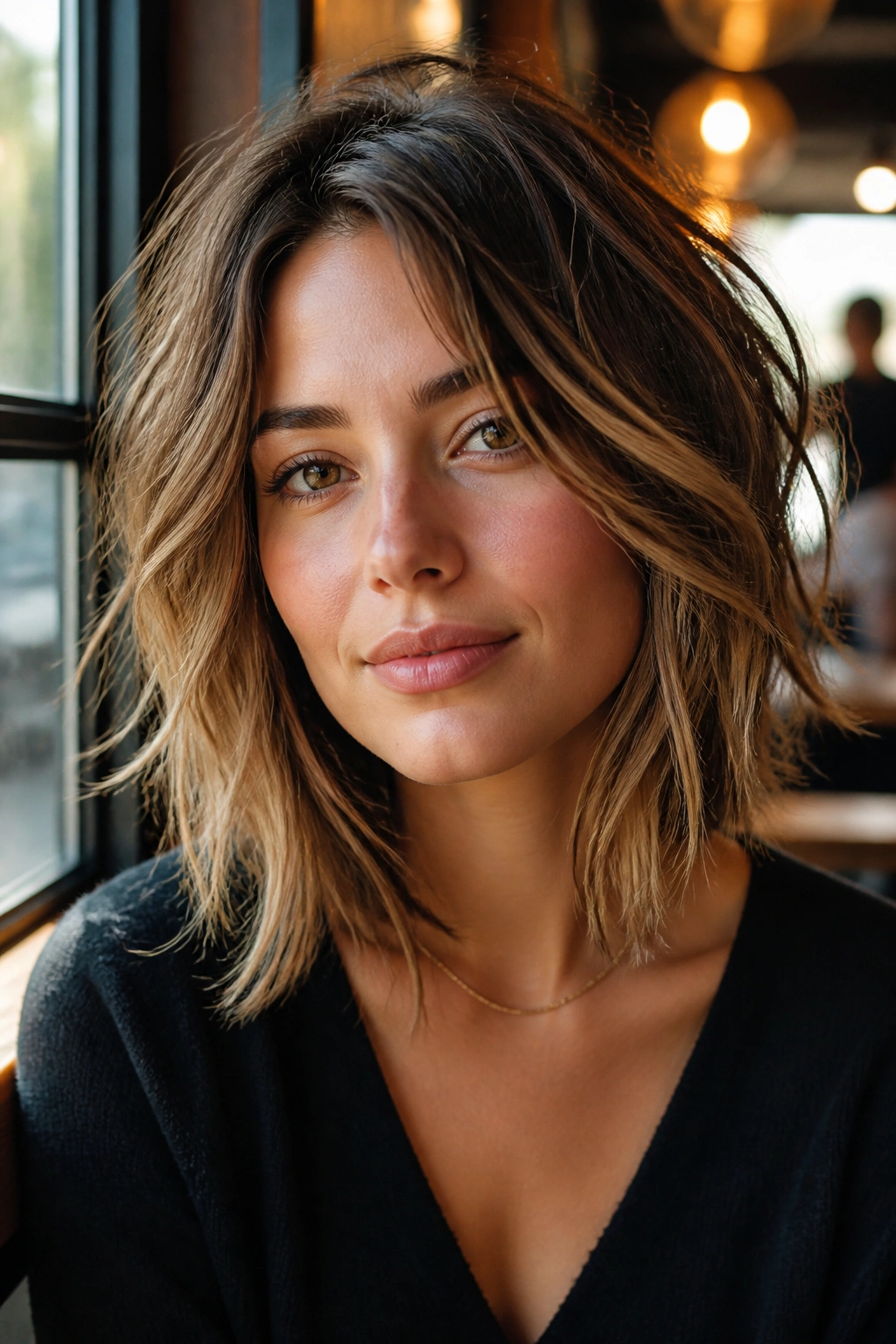 Close-up of a real woman with a tousled midi cut and angled front pieces in warm window light.