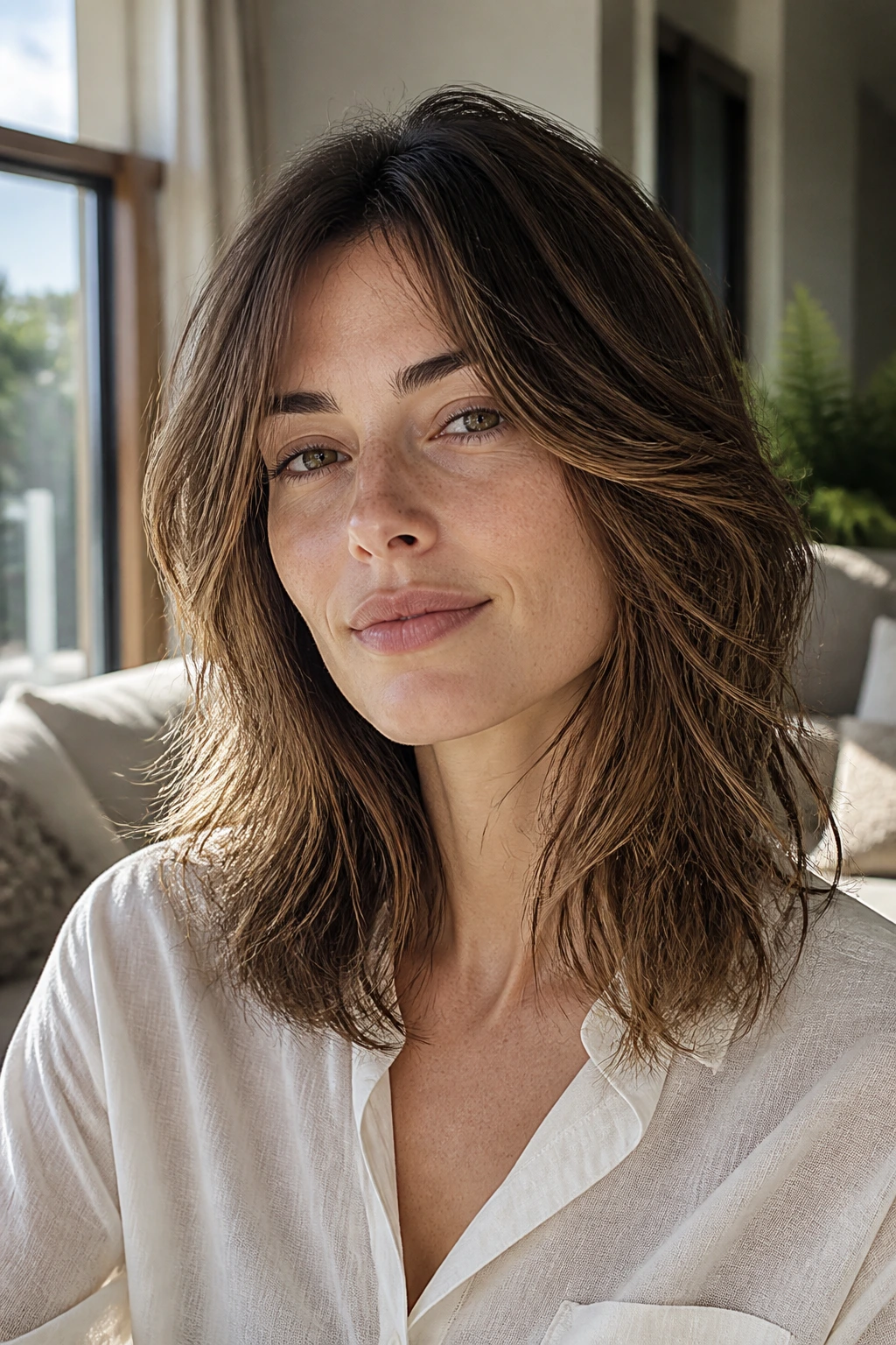 Portrait of a woman with tousled midi hair and micro-layers in bright living room light