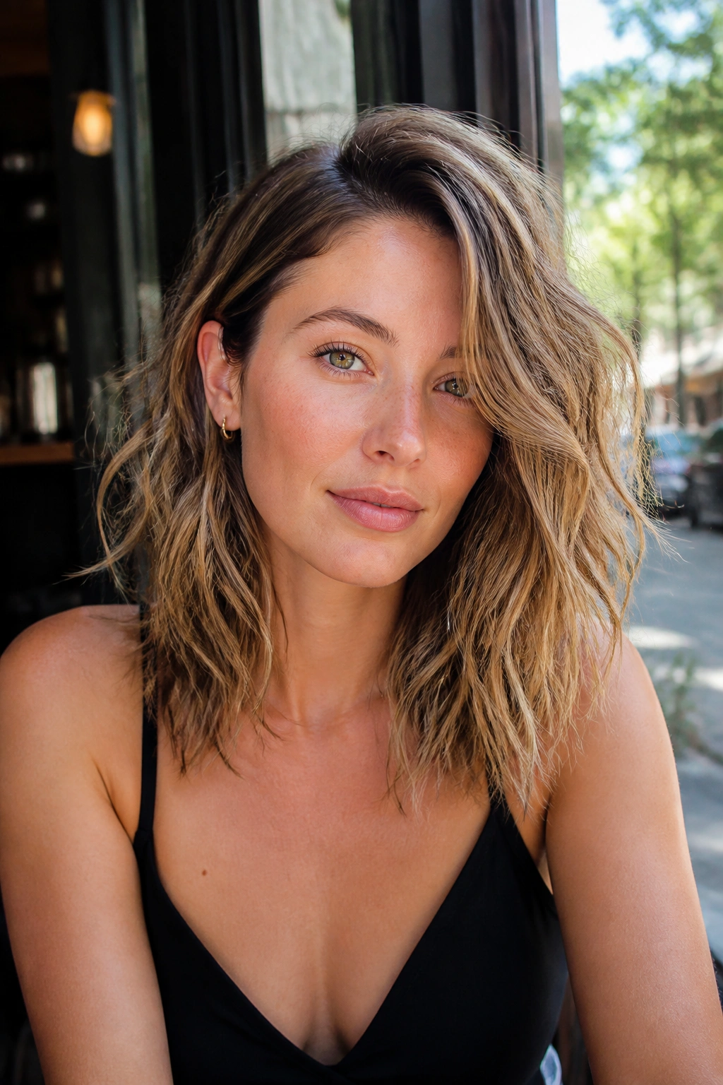 Close-up of a real woman with a deep side part and tousled midi shag.