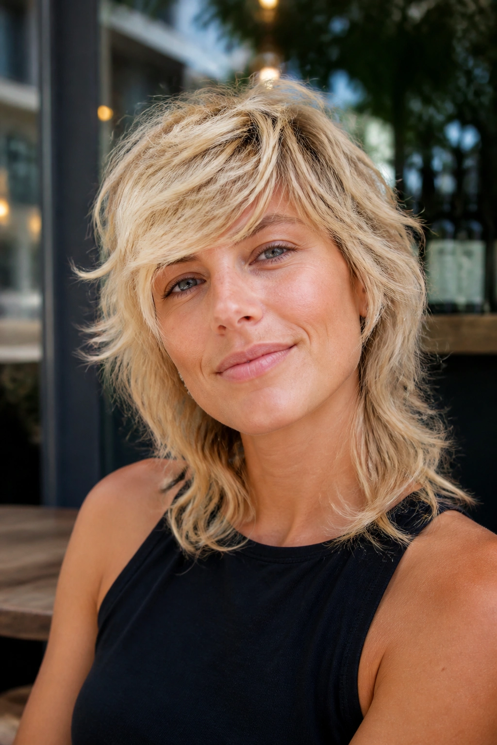 Portrait of a woman with a tousled blonde mullet and side-swept fringe in natural daylight