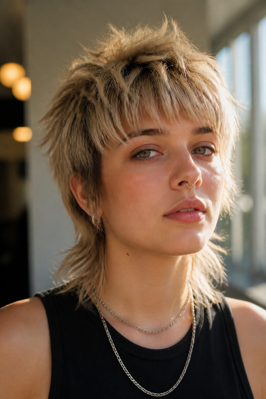 Close-up portrait of a real person with Tousled Mullet Shag hairstyle in warm window light