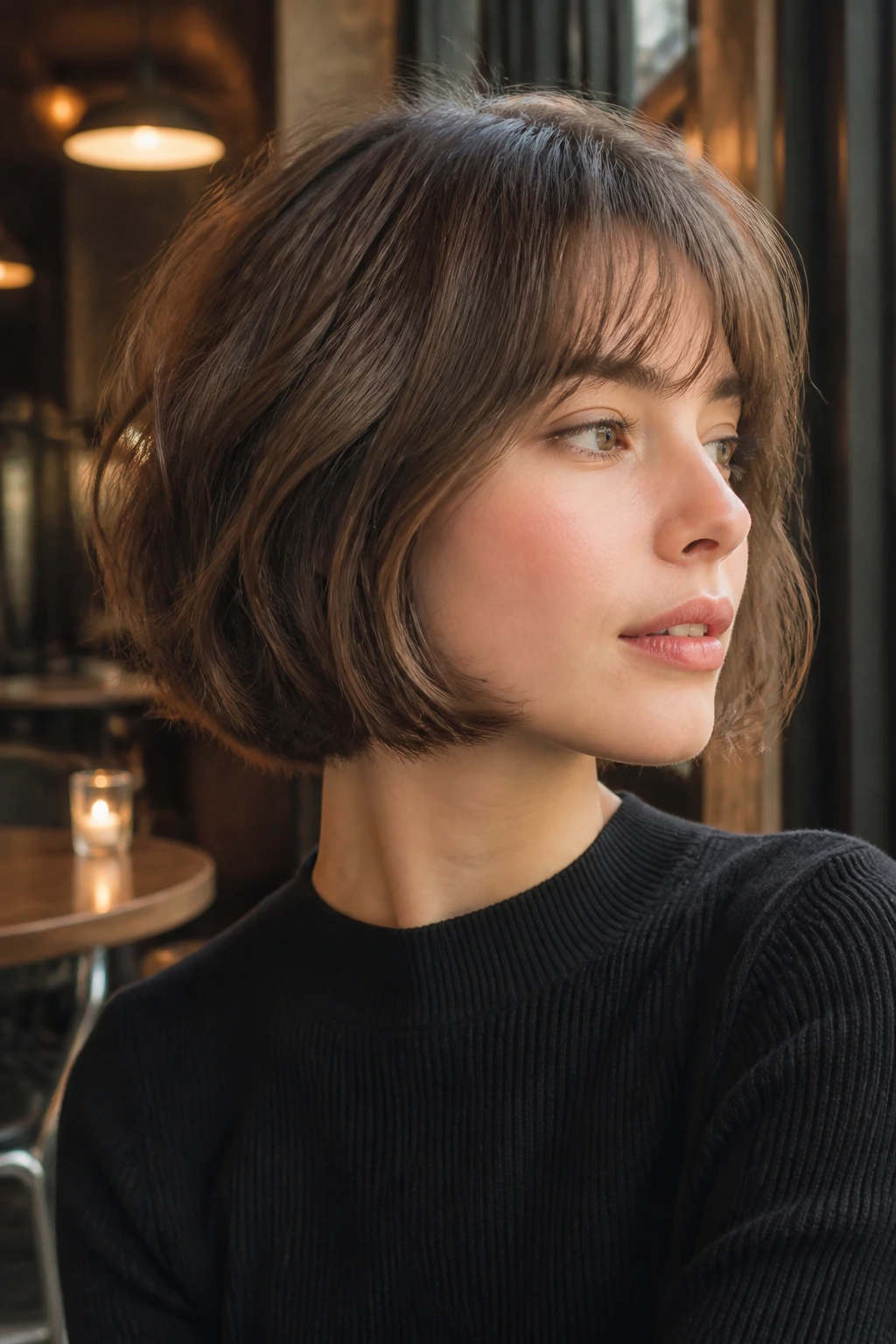 Real person with a tousled pageboy and soft fringe in a warm cafe setting.