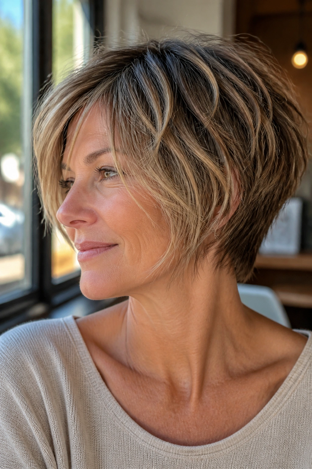Close-up portrait of a real woman with Tousled Piecey Stack hairstyle.