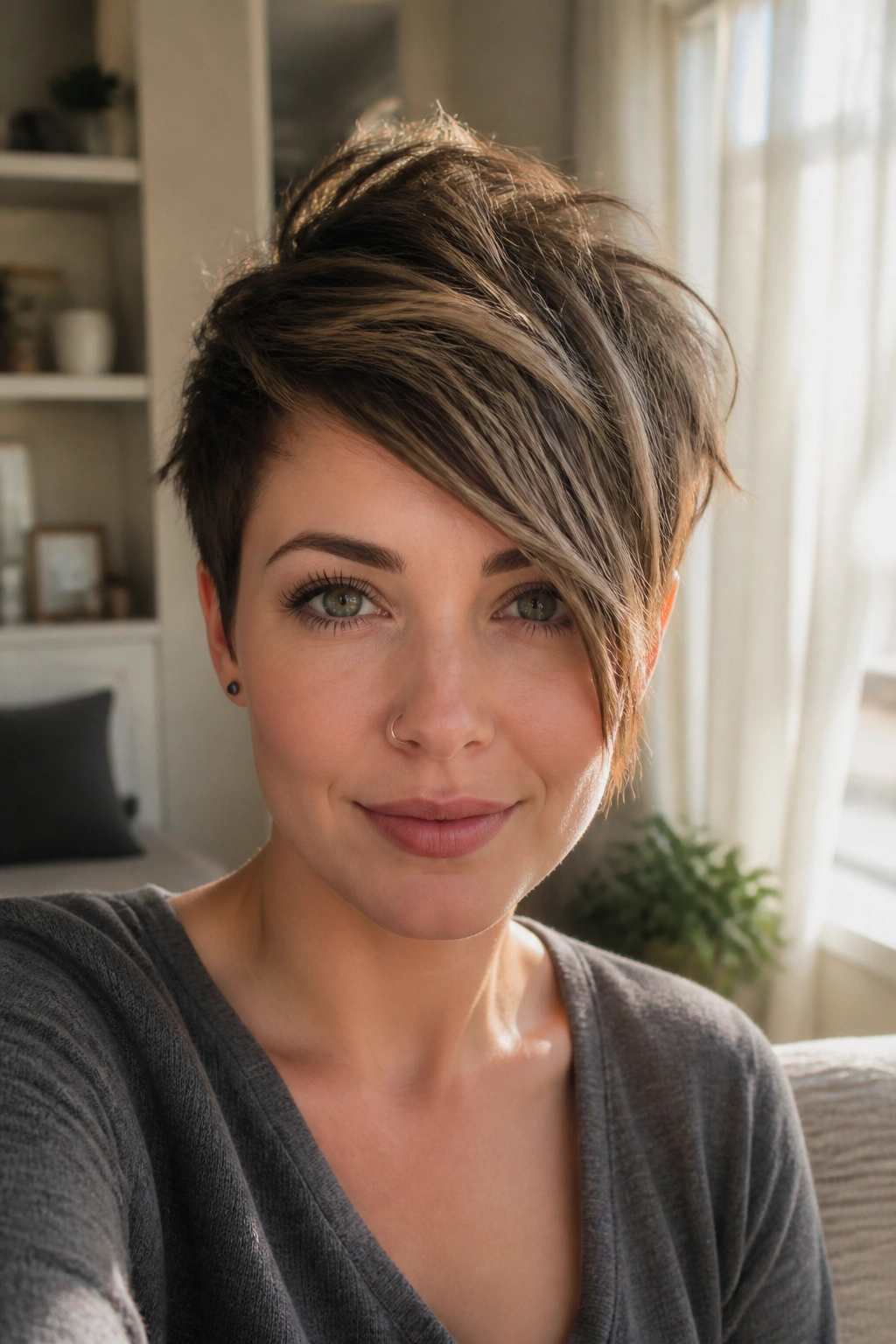 Close-up of a real woman with a tousled pixie and asymmetrical fringe.