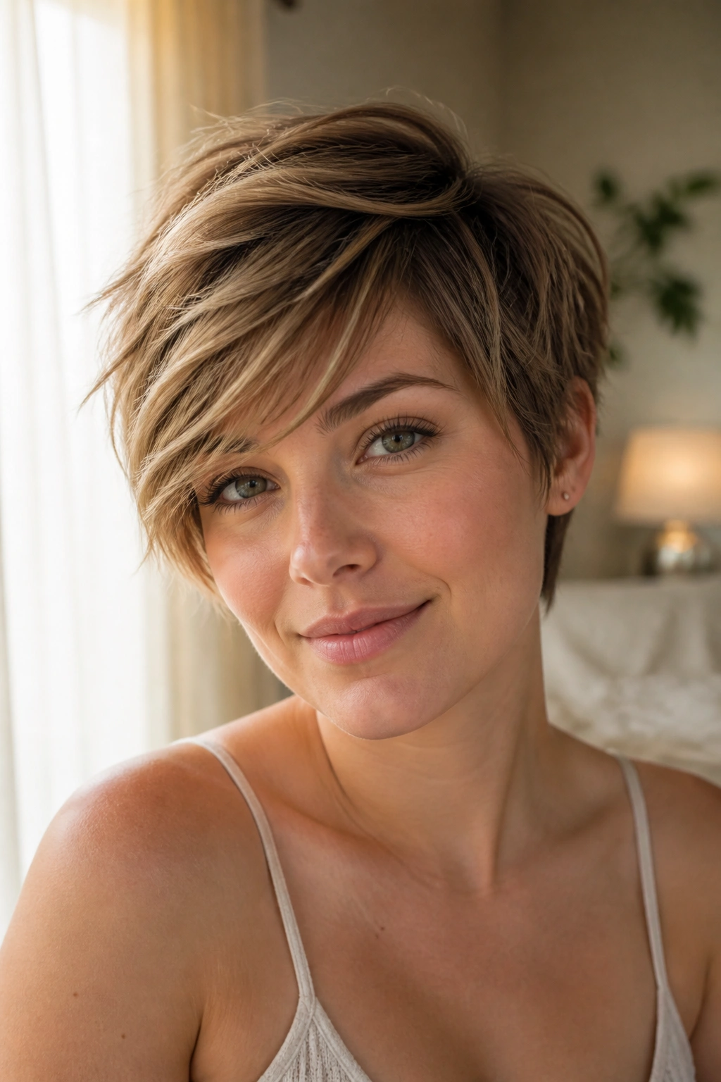 Close-up portrait of a woman with a tousled pixie and side-swept bangs in window light