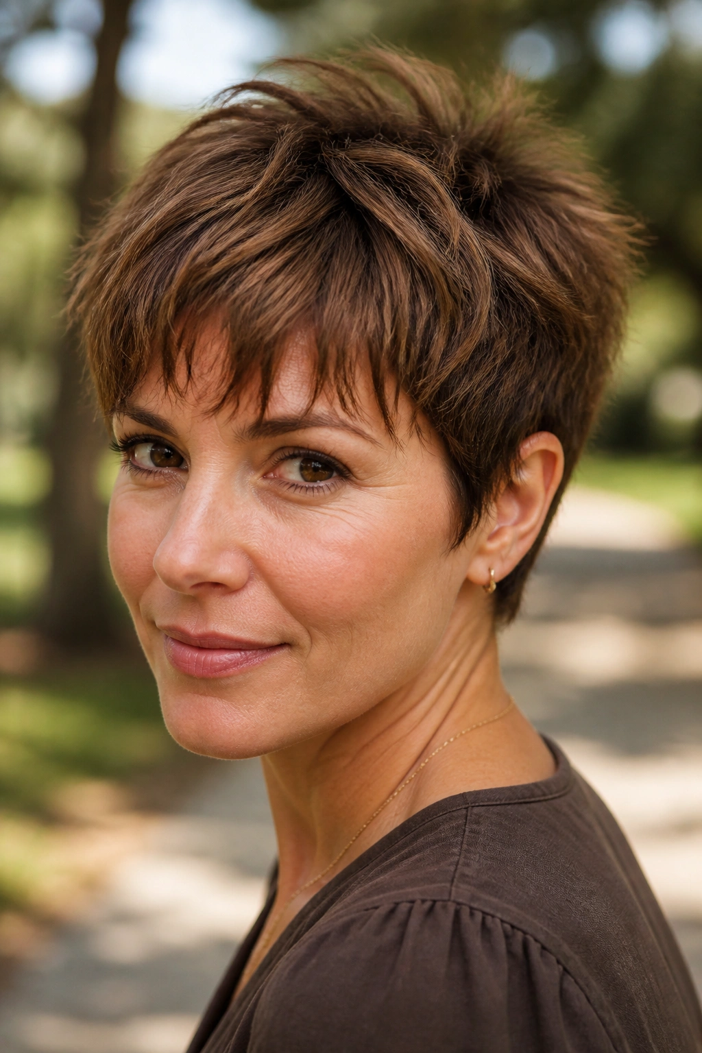Close-up portrait of a real person with cinnamon-brown tousled pixie