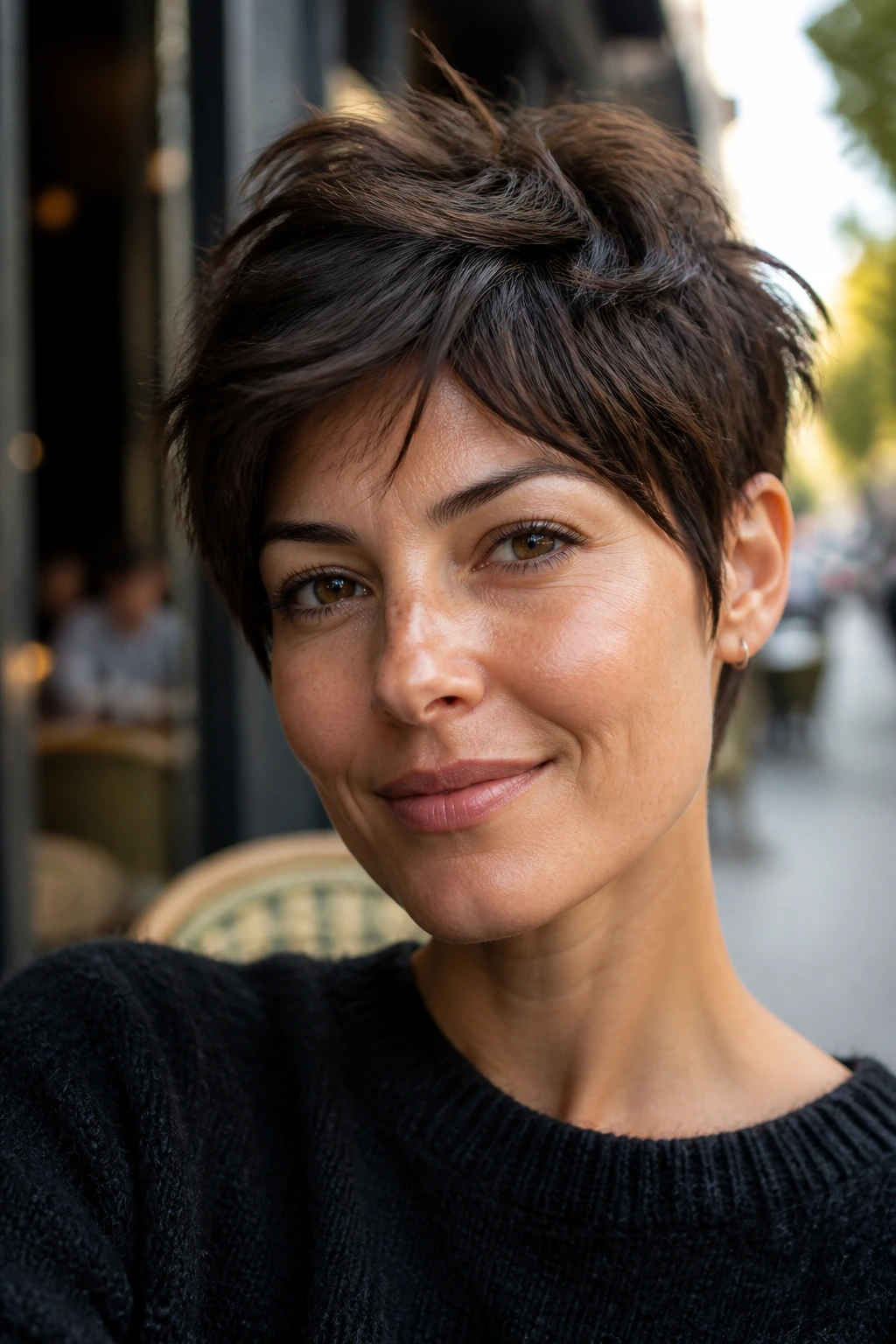 Close-up of a real woman with tousled espresso pixie hairstyle