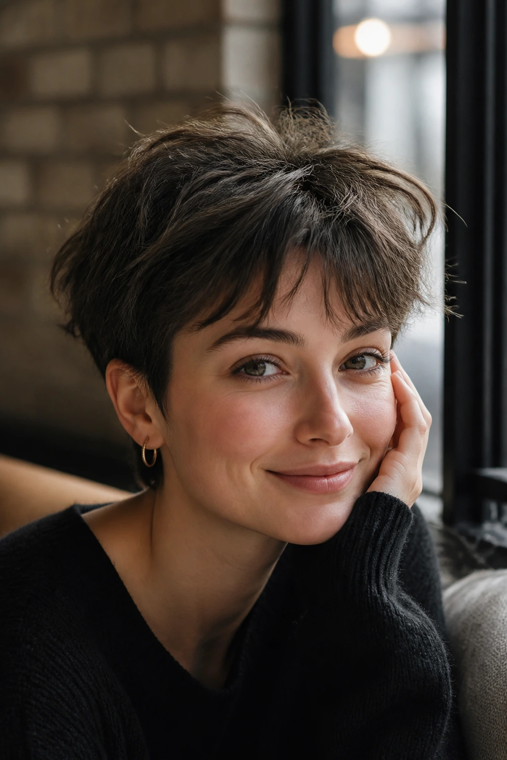 Close-up of a real woman with tousled French pixie under warm window light.