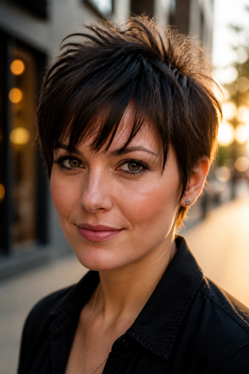 Close-up portrait of a real woman with tousled pixie and choppy fringe under golden hour light.