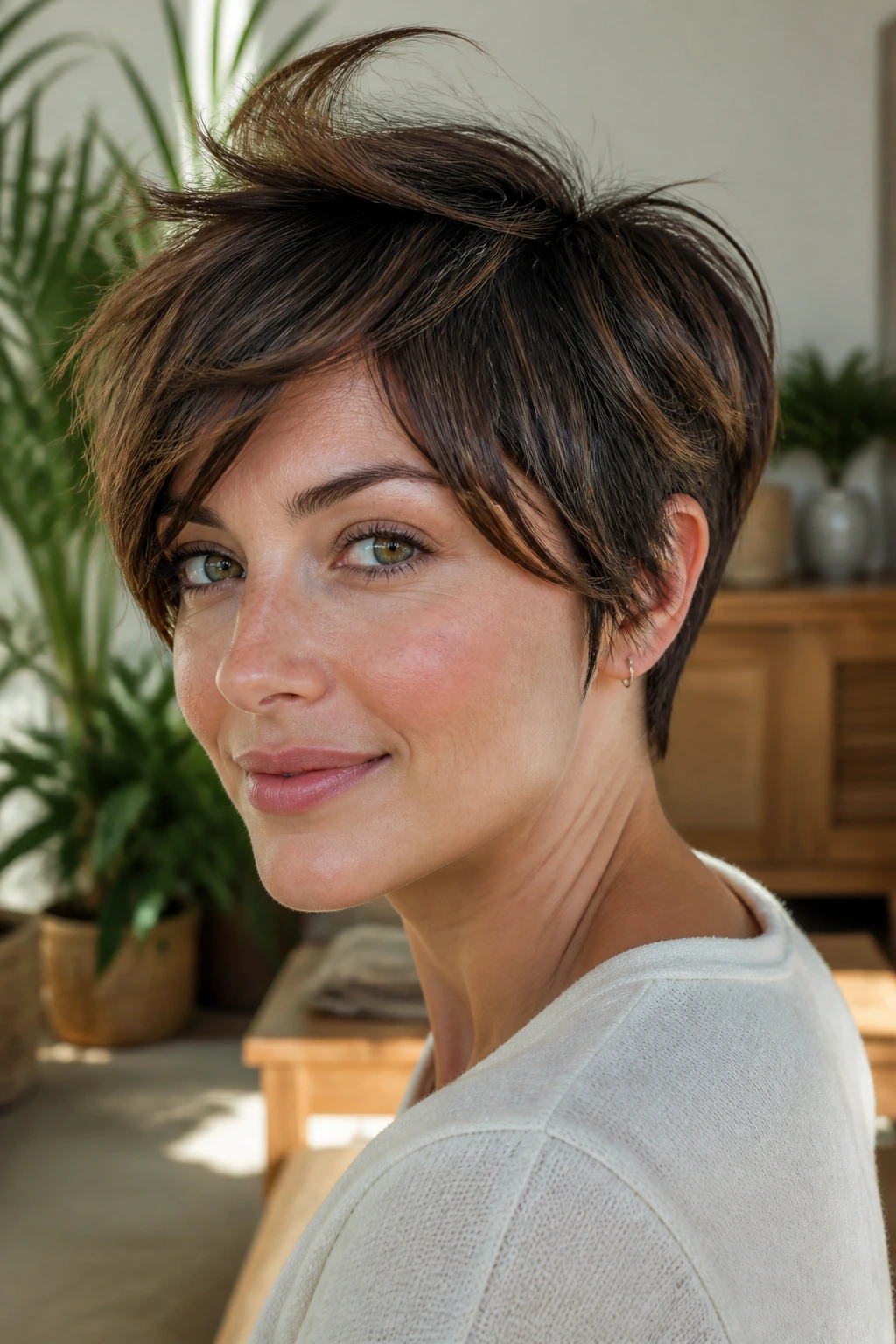 Close-up portrait of a woman with Tousled Pixie with Long Crown Pieces hairstyle in sunlit room